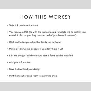 May include: A white text-based graphic with the title "HOW THIS WORKS?" and a list of instructions on how to use a digital template. The instructions include: Select & purchase the item, You receive a PDF file with the instructions & template link to edit, Click on the template link that leads you to Canva, Make a FREE Canva account if you don't have it yet, Edit the design - all the colours, text & fonts can be modified, Add your information, Save & download your design, Print them out or send them to a printing shop.