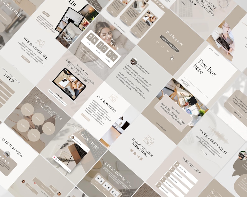 May include: A collage of beige and white squares with text and images. The text includes "This is a carousel", "Help", "Client Review", "This is a great post for a story challenge", "Follow along for weekly tips", "Countdown to", "Text box here", "Tip box here", "Work vibes playlist", "How to find the right virtual assistant for your business". The images include a woman working on a laptop, a countdown timer, and a laptop with a screen showing a list of tips.