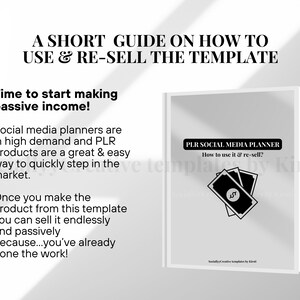 May include: A guide titled "A Short Guide on How to Use & Re-Sell the Template" with the text "Time to start making passive income!" A book with the title "PLR Social Media Planner" and illustrations of money.