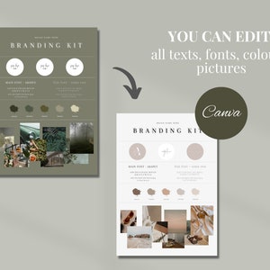 May include: Branding kit template with a green background. The template includes a logo, color palette, font choices, and mood board images. The text "YOU CAN EDIT: all texts, fonts, colours, pictures" is displayed above the template. The text "Canva" is displayed in a circle on the right side of the image.