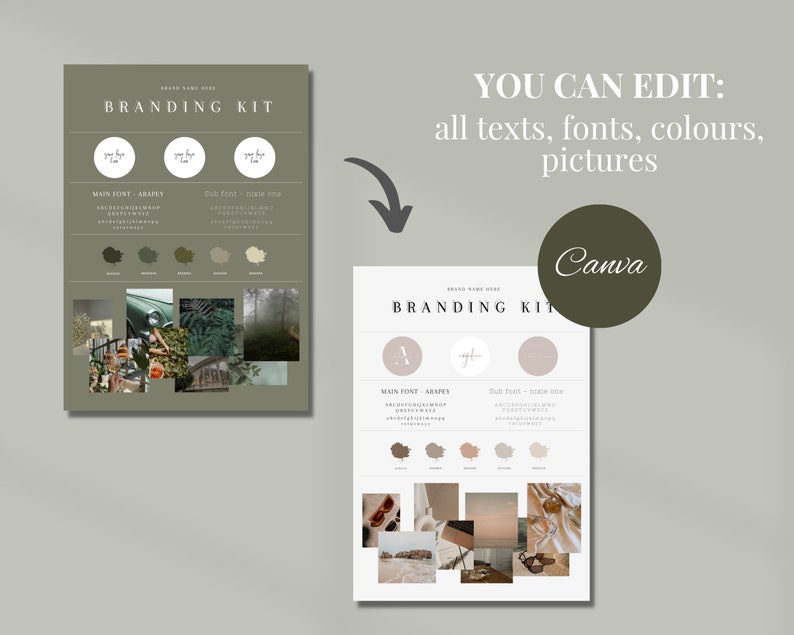 May include: Branding kit template with a green background. The template includes a logo, color palette, font choices, and mood board images. The text "YOU CAN EDIT: all texts, fonts, colours, pictures" is displayed above the template. The text "Canva" is displayed in a circle on the right side of the image.