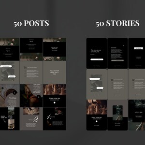 May include: A set of 50 Instagram post and story templates in black and white with a minimalist design. The templates feature text boxes, images, and graphics. The text includes "50 Posts", "50 Stories", "Text box", "Follow for more daily tips", "Share some tips", and "01".