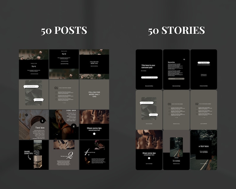May include: A set of 50 Instagram post and story templates in black and white with a minimalist design. The templates feature text boxes, images, and graphics. The text includes "50 Posts", "50 Stories", "Text box", "Follow for more daily tips", "Share some tips", and "01".