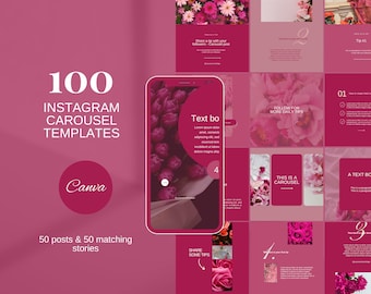 100 Pink Instagram Carousel Templates, Floral Pink Instagram Post, Aesthetic Instagram Story, Editable Coaching Social Media Templates