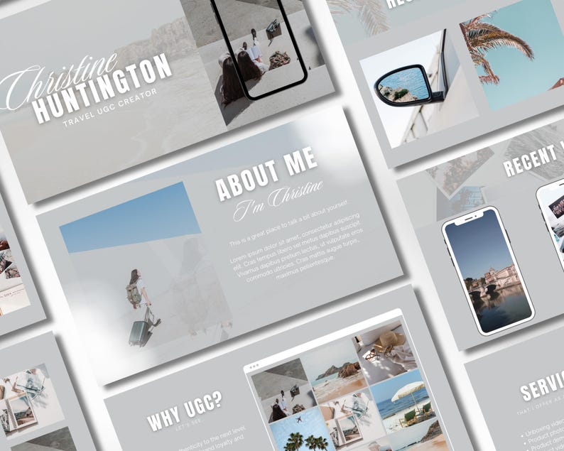May include: A presentation slide with the title "About Me: I'm Christine". The slide has a light gray background with a blue sky and white clouds in the background. The text is in white and black. The slide also includes a photo of a person walking with a suitcase.