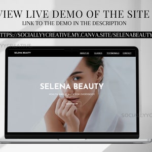 May include: A laptop computer displaying a website for a beauty business called "Selena Beauty". The website has a black header with the text "Selena Beauty" in white. The website also has a white background with a photo of a woman's face. The text "Health and Beauty for Everybody" is below the photo. There is a button that says "Shop Now".