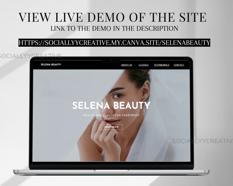 May include: A laptop computer displaying a website for a beauty business called "Selena Beauty". The website has a black header with the text "Selena Beauty" in white. The website also has a white background with a photo of a woman's face. The text "Health and Beauty for Everybody" is below the photo. There is a button that says "Shop Now".