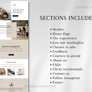 Puede incluir: Maqueta de sitio web para un negocio de bienestar. El sitio web incluye secciones para la p&aacute;gina de inicio, la experiencia, las clases a tomar, comentarios, los cursos a los que asistir, acerca de nosotros, preguntas frecuentes, testimonios de clientes, cont&aacute;ctenos, siga Instagram y un pie de p&aacute;gina.