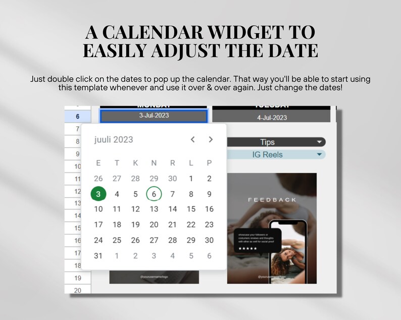 Puede incluir: Un widget de calendario con un calendario de julio de 2023 que muestra las fechas del 3 al 6. El calendario es parte de una plantilla m&aacute;s grande que se puede usar para ajustar f&aacute;cilmente la fecha.