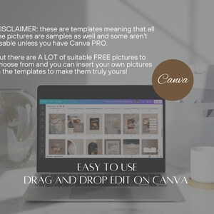 May include: A laptop computer screen displaying a Canva design template with the text "EASY TO USE DRAG AND DROP EDIT ON CANVA". The laptop is on a white surface with a vase of white flowers, a brown mug, and a white box.