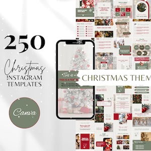Puede incluir: Una colección de 250 plantillas de Instagram con temática navideña para Canva. Las plantillas presentan una variedad de diseños festivos, que incluyen árboles de Navidad, adornos y copos de nieve. El texto "CHRISTMAS THEMED" se muestra en una fuente grande en la parte superior de la imagen.