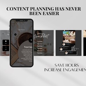 Puede incluir: La pantalla de un tel&eacute;fono que muestra una lista de planificaci&oacute;n de contenido con el texto "This is a Checklist" y varias casillas de texto etiquetadas como "Text box". El tel&eacute;fono est&aacute; sobre una superficie blanca con una sombra. El texto "CONTENT PLANNING HAS NEVER BEEN EASIER" est&aacute; en la parte superior de la imagen. El texto "SAVE HOURS INCREASE ENGAGEMENT" est&aacute; en la parte inferior de la imagen.