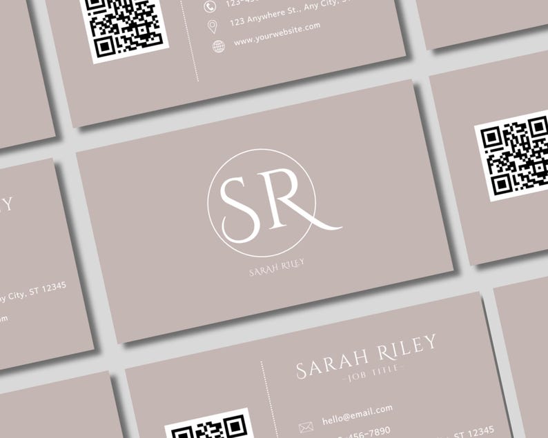 May include: A beige business card with a white circle containing the letters "SR" and the text "SARAH RILEY" below. The card also includes a QR code, contact information, and the text "hello@email.com" and "156-7890".