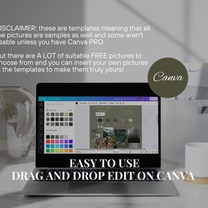 May include: A laptop computer displaying the Canva website with the text "EASY TO USE DRAG AND DROP EDIT ON CANVA". The laptop is on a table with a vase of flowers, a mug, and a white box.