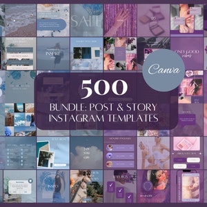 Op de afbeelding: Een collage van 500 Instagram-post- en story-sjablonen in een paars en blauw kleurenschema. De tekst "500 Bundle: Post & Story Instagram Templates" staat in het midden van de afbeelding.