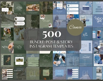 500 Instagram Template Bundle, Green Social Media, Blue Instagram Post, Instagram Canva Templates, Tropical Instagram, DIY IG Posts