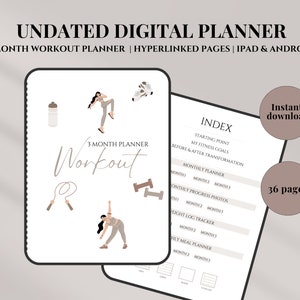 May include: A digital planner for a 3 month workout plan. The planner includes sections for starting point, fitness goals, before and after transformation, monthly planner, monthly progress photos, weight log tracker, and meal planner. The planner is 36 pages long and includes hyperlinked pages. The planner is available for instant download.