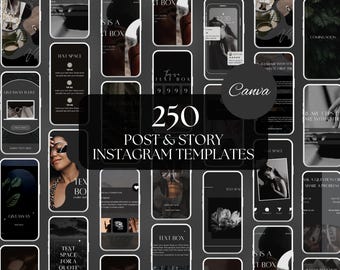 Puede incluir: Un collage de 250 plantillas de publicaciones e historias de Instagram en blanco y negro. Las plantillas incluyen cuadros de texto, imágenes y gráficos. El texto "250 plantillas de publicaciones e historias de Instagram" se muestra en el centro de la imagen.