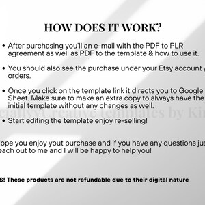 May include: A white background with black text explaining how a digital product works. The text includes steps on accessing the product after purchase, including a PDF and Google Sheet template. The text also mentions that the product is non-refundable.
