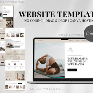 Puede incluir: Una plantilla de sitio web para un estudio de yoga, con una mujer en una postura de yoga en una playa. La plantilla est&aacute; dise&ntilde;ada para ser f&aacute;cil de usar y personalizar, con funcionalidad de arrastrar y soltar y alojamiento de Canva. El texto en el sitio web dice "Tu salud y bienestar est&aacute;n en tus manos".