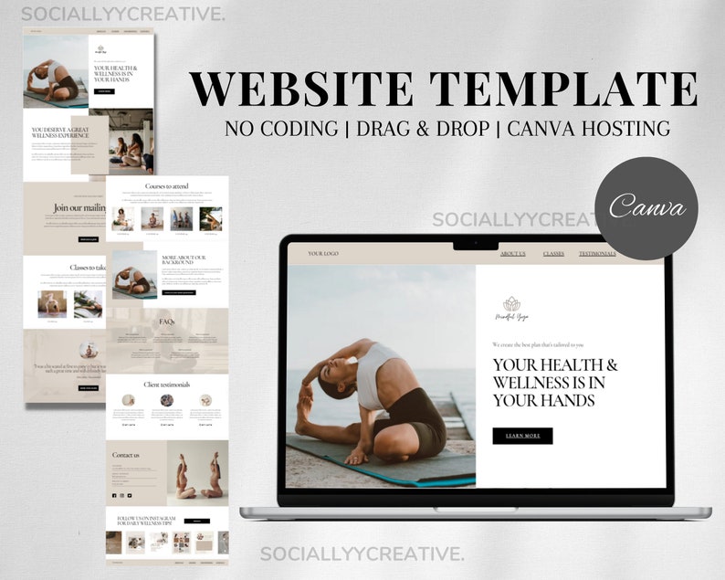 Puede incluir: Una plantilla de sitio web para un estudio de yoga, con una mujer en una postura de yoga en una playa. La plantilla est&aacute; dise&ntilde;ada para ser f&aacute;cil de usar y personalizar, con funcionalidad de arrastrar y soltar y alojamiento de Canva. El texto en el sitio web dice "Tu salud y bienestar est&aacute;n en tus manos".