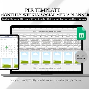 May include: A digital social media planner template displayed on a laptop and tablet. The screen shows a spreadsheet with sections for weekly content, with the text "PLR TEMPLATE MONTHLY WEEKLY SOCIAL MEDIA PLANNER". The tablet displays a calendar for October 2023.