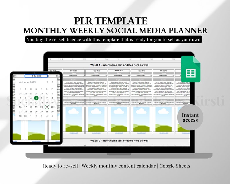 May include: A digital social media planner template displayed on a laptop and tablet. The screen shows a spreadsheet with sections for weekly content, with the text "PLR TEMPLATE MONTHLY WEEKLY SOCIAL MEDIA PLANNER". The tablet displays a calendar for October 2023.