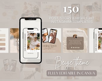 Puede incluir: Plantillas de publicación, historia y destacado de Instagram en beige y blanco. 150 plantillas son totalmente editables en Canva. La imagen muestra una pantalla de teléfono que muestra una plantilla con una foto de una mujer con un vestido blanco y una cesta de fruta. El texto en la plantilla dice "Nueva publicación para todos".