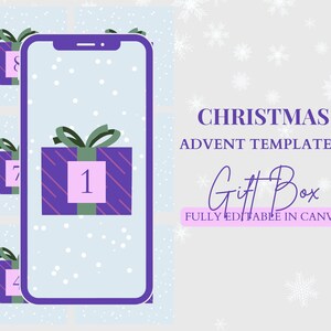Puede incluir: Caja de regalo morada y verde con un número 1 blanco sobre un fondo azul claro con copos de nieve blancos. El texto "CHRISTMAS ADVENT TEMPLATES Gift Box FULLY EDITABLE IN CANVA" está en el lado derecho de la imagen.
