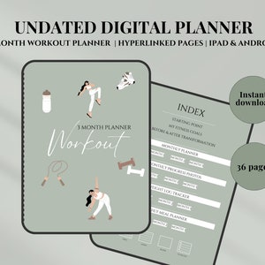 Puede incluir: Un planificador digital para un plan de entrenamiento de 3 meses. La portada es verde con ilustraciones de una mujer haciendo ejercicio, una botella de agua, una cuerda para saltar y pesas. El texto "3 Month Planner Workout" está en una fuente cursiva blanca. El planificador incluye secciones para la planificación mensual, fotos de progreso, seguimiento del peso y planificación de comidas. El texto "Descarga instantánea" y "36 páginas" están en un círculo marrón en el lado derecho de la imagen.