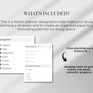 May include: A screenshot of a Notion planner designed to help organize study planning. The planner includes sections for schedule, notes, assignments, exams, courses, archive, and databases. It also includes a section for quick actions and semester progress.