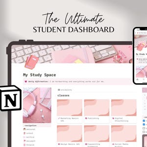 May include: A pink and white digital dashboard with the text "The Ultimate Student Dashboard" at the top. The dashboard includes a calendar, a list of classes, and a section for reminders. The dashboard is designed to help students stay organized and on track with their studies.