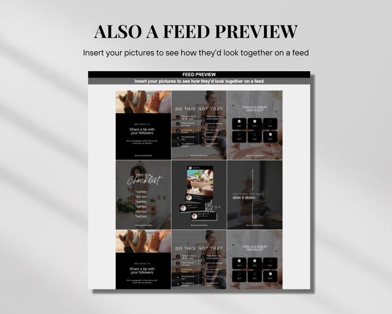 Puede incluir: Una maqueta de vista previa de feed de redes sociales que muestra nueve publicaciones diferentes de Instagram. Las publicaciones presentan una variedad de contenido, que incluye texto, im&aacute;genes y videos. Las publicaciones est&aacute;n dispuestas en un formato de cuadr&iacute;cula, con tres filas y tres columnas. Las publicaciones est&aacute;n todas en un esquema de color oscuro, con texto e im&aacute;genes blancas.