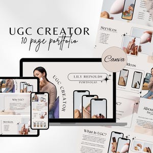 May include: A 10-page portfolio for a UGC creator named Lily Reynolds. The portfolio includes sections on services, why UGC, about me, and what is UGC. The portfolio is designed in a minimalist style with a beige and white color scheme.