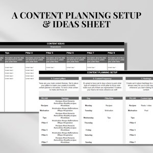 Puede incluir: Una hoja de planificaci&oacute;n de contenido e ideas en blanco y negro para redes sociales. La hoja incluye secciones para pilares de contenido, hashtags, frecuencia de contenido, ideas de pilares, tipo de contenido y canal. La hoja est&aacute; dise&ntilde;ada para ayudar a los usuarios a planificar y organizar su contenido en redes sociales.