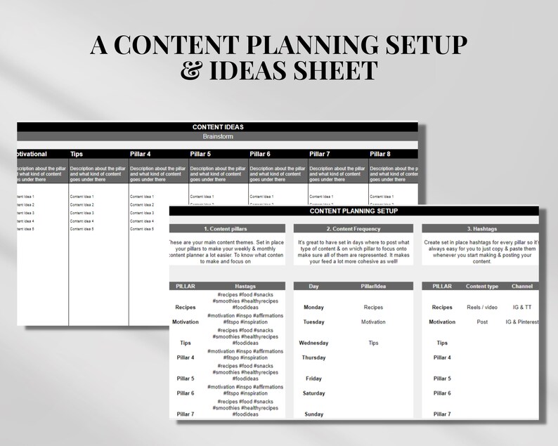 Puede incluir: Una hoja de planificaci&oacute;n de contenido e ideas en blanco y negro para redes sociales. La hoja incluye secciones para pilares de contenido, hashtags, frecuencia de contenido, ideas de pilares, tipo de contenido y canal. La hoja est&aacute; dise&ntilde;ada para ayudar a los usuarios a planificar y organizar su contenido en redes sociales.