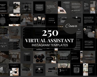 May include: A collection of 250 black and white Instagram templates for virtual assistants. The templates feature text boxes, icons, and images. The text "250 Virtual Assistant Instagram Templates" is displayed in white on a black background.