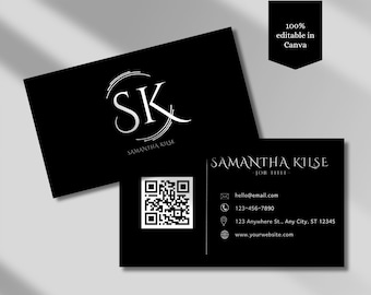 QR-code visitekaartje zwart minimalistisch visitekaartjesjabloon DIY visitekaartje Canva visitekaartjes sjabloon dubbelzijdig visitekaartje