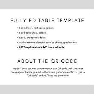 May include: A white text document with black text explaining how to edit a template in Canva. The text includes instructions on how to edit text, background, fonts, and elements. It also states that the template size is 3.5x2 inches and is not editable. The document also includes information about how to generate a QR code in Canva.
