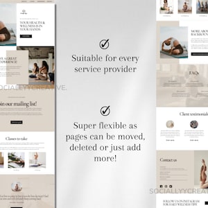 Puede incluir: Una captura de pantalla de un sitio web que muestra una plantilla de sitio web para un estudio de yoga. El sitio web presenta un fondo marr&oacute;n claro con un icono de marca de verificaci&oacute;n y el texto "Adecuado para todos los proveedores de servicios" y "&iexcl;S&uacute;per flexible, las p&aacute;ginas se pueden mover, eliminar o simplemente agregar m&aacute;s!" El sitio web tambi&eacute;n presenta im&aacute;genes de personas haciendo poses de yoga.