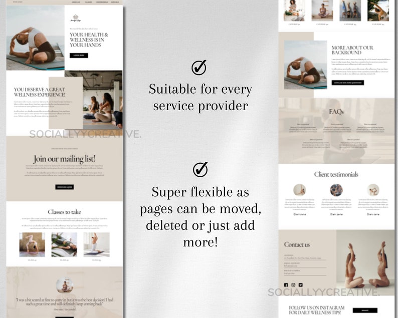 Puede incluir: Una captura de pantalla de un sitio web que muestra una plantilla de sitio web para un estudio de yoga. El sitio web presenta un fondo marr&oacute;n claro con un icono de marca de verificaci&oacute;n y el texto "Adecuado para todos los proveedores de servicios" y "&iexcl;S&uacute;per flexible, las p&aacute;ginas se pueden mover, eliminar o simplemente agregar m&aacute;s!" El sitio web tambi&eacute;n presenta im&aacute;genes de personas haciendo poses de yoga.