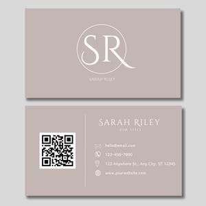 May include: A light brown business card with a white circle containing the letters "SR" and the text "SARAH RILEY" below. The back of the card has a QR code, contact information, and the text "SARAH RILEY" with the job title "JOB TITLE" below.