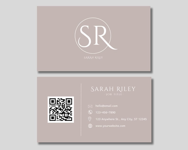 May include: A light brown business card with a white circle containing the letters "SR" and the text "SARAH RILEY" below. The back of the card has a QR code, contact information, and the text "SARAH RILEY" with the job title "JOB TITLE" below.
