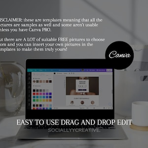 May include: A laptop computer screen displaying a Canva design template for a skincare business. The template includes a photo of a woman, text for skincare services, and client testimonials. The text on the screen reads "EASY TO USE DRAG AND DROP EDIT SOCIALLYYCREATIVE."