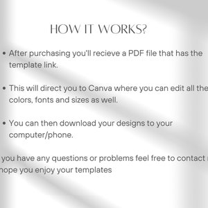 May include: Text explaining how to use a digital template. After purchasing, you'll receive a PDF file with a link to Canva, where you can edit the colors, fonts, and sizes. You can then download your designs to your computer or phone.