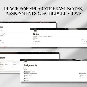 May include: A computer screen displaying a digital planner with tabs for Exams, Notes, Assignments, and Schedule. The tabs are labeled with the corresponding words and each tab has a list of items. The screen is white with black text.