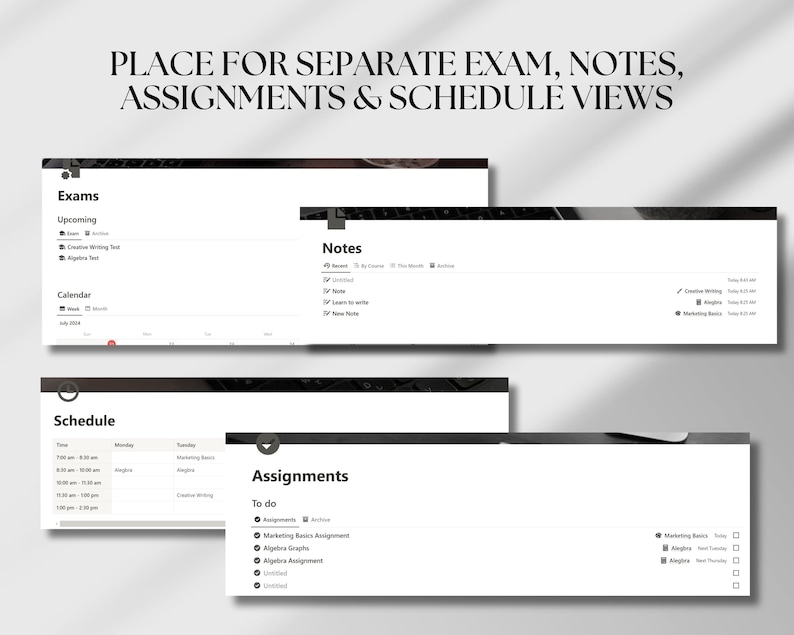 May include: A computer screen displaying a digital planner with tabs for Exams, Notes, Assignments, and Schedule. The tabs are labeled with the corresponding words and each tab has a list of items. The screen is white with black text.
