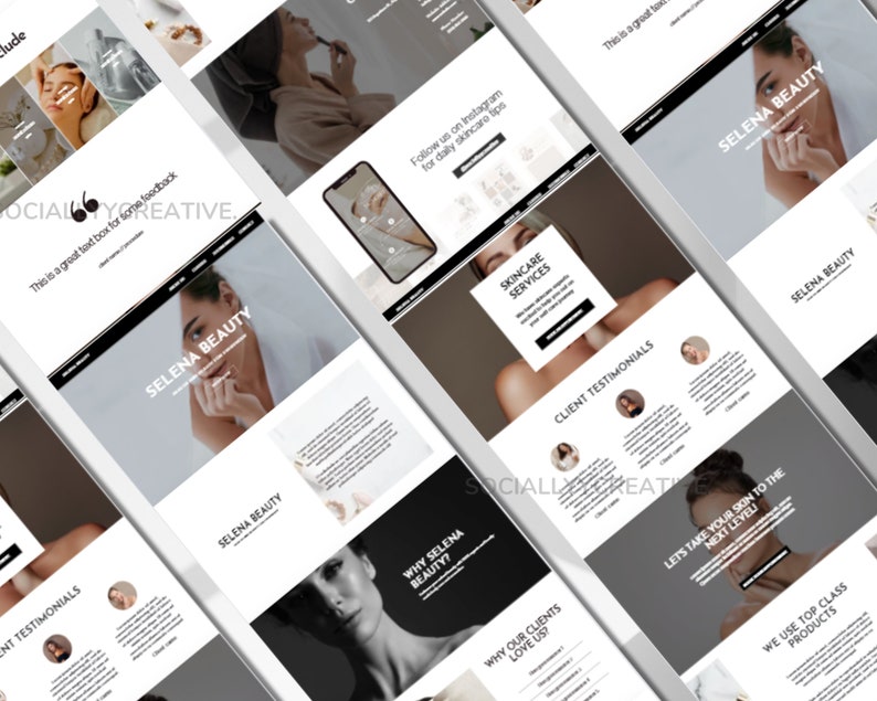 May include: Website homepage for Selena Beauty, a skincare business. The website features images of models, text about skincare services, and client testimonials.