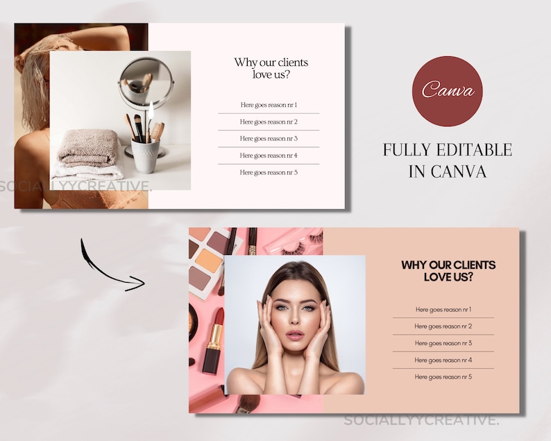 May include: A pink and white graphic design template for social media with the text "Why our clients love us?" and a list of reasons. The template features a photo of a woman with makeup and a background of makeup products.