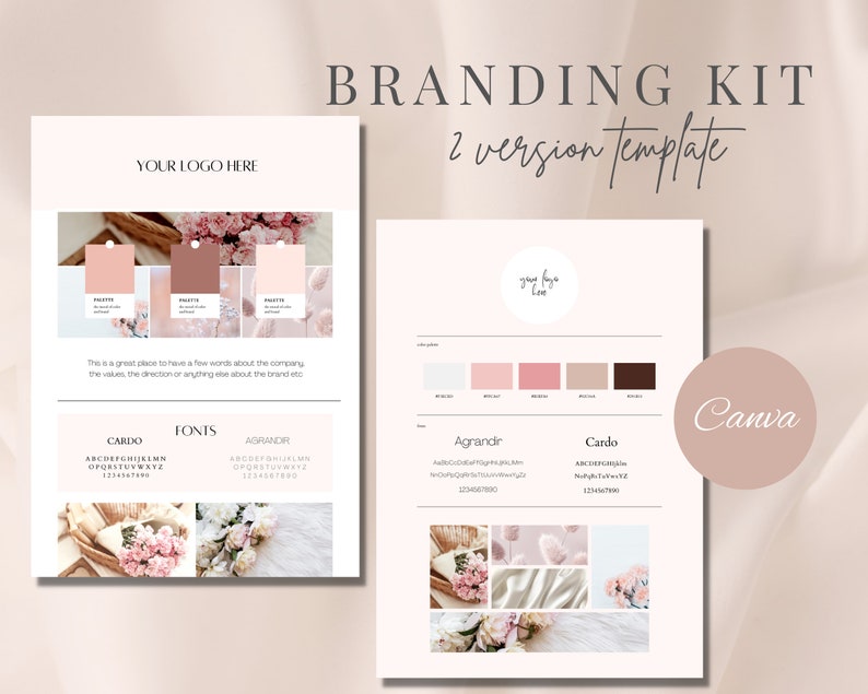 May include: A branding kit template in soft pink and beige tones. The design includes sections for a logo, colour palette, fonts, and sample images. Text includes "BRANDING KIT" and "2 version template". The Canva logo is also visible.